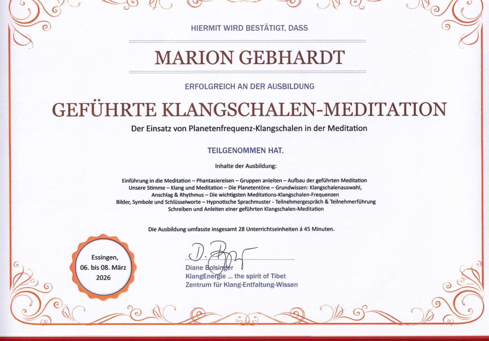 Zertifikat Geführte Klangschalen-Meditation von Marion Gebhardt